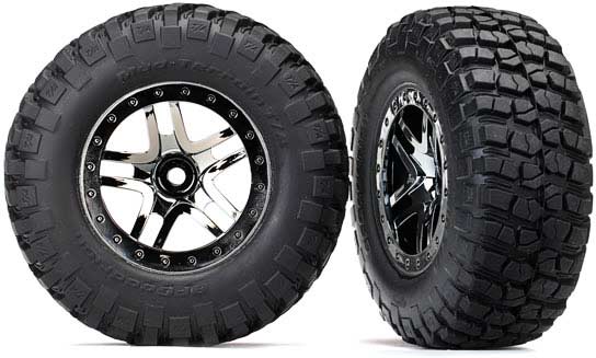 Tires & wheels, assembled, glued (SCT Split-Spoke black chrome beadlock style wheels, BFGoodrich Mud-Terrainル T/A KM2 ultra-soft S1 compound off-road racing tires, foam inserts) (2) (4WD f/r, 2WD rear) (TSM rated)